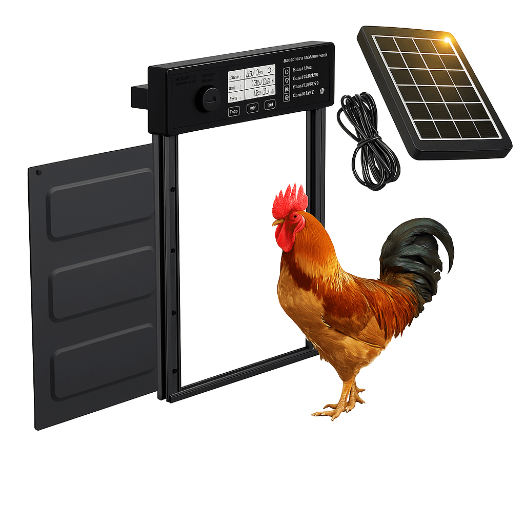 Porte automatique solaire pour poulailler – Avec capteur de lumière, minuterie et alarme anti-prédateur